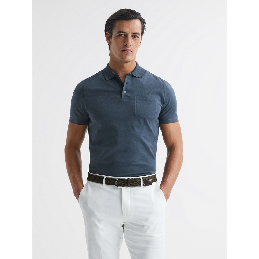 REISS Men's Short Sleeve Polo Shirt Size Small Steel Blue 100% Cotton Pocket